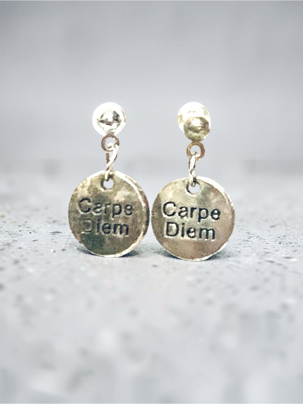 Silvertone 'Carpe Diem' Disc Drop Earrings - handmade